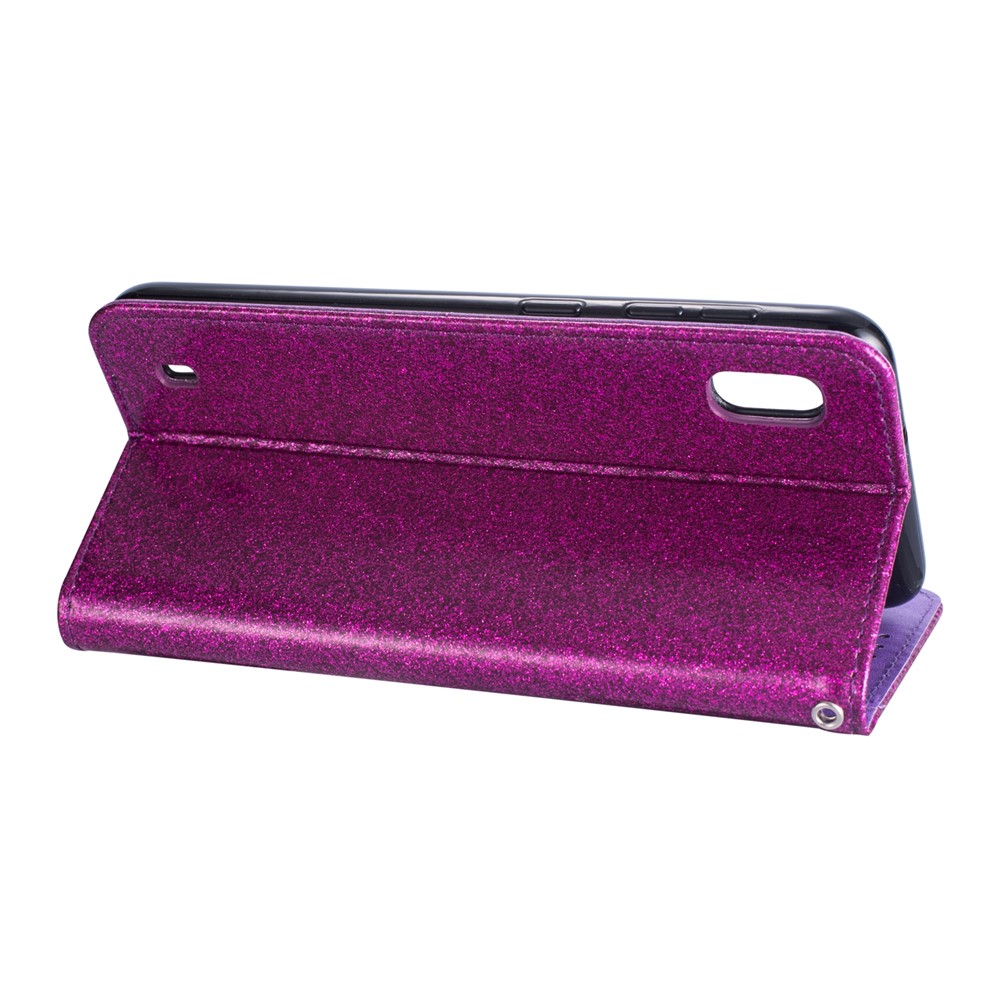 Glitter Powder Zippered Stand Leather Wallet Case with Strap for Samsung Galaxy A10 - Purple-4