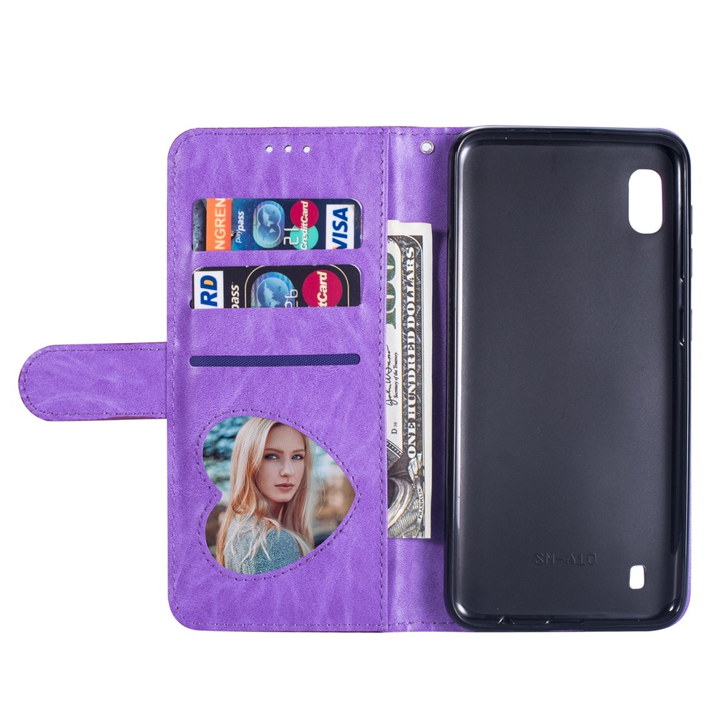 Glitter Powder Zippered Stand Leather Wallet Case with Strap for Samsung Galaxy A10 - Purple-5