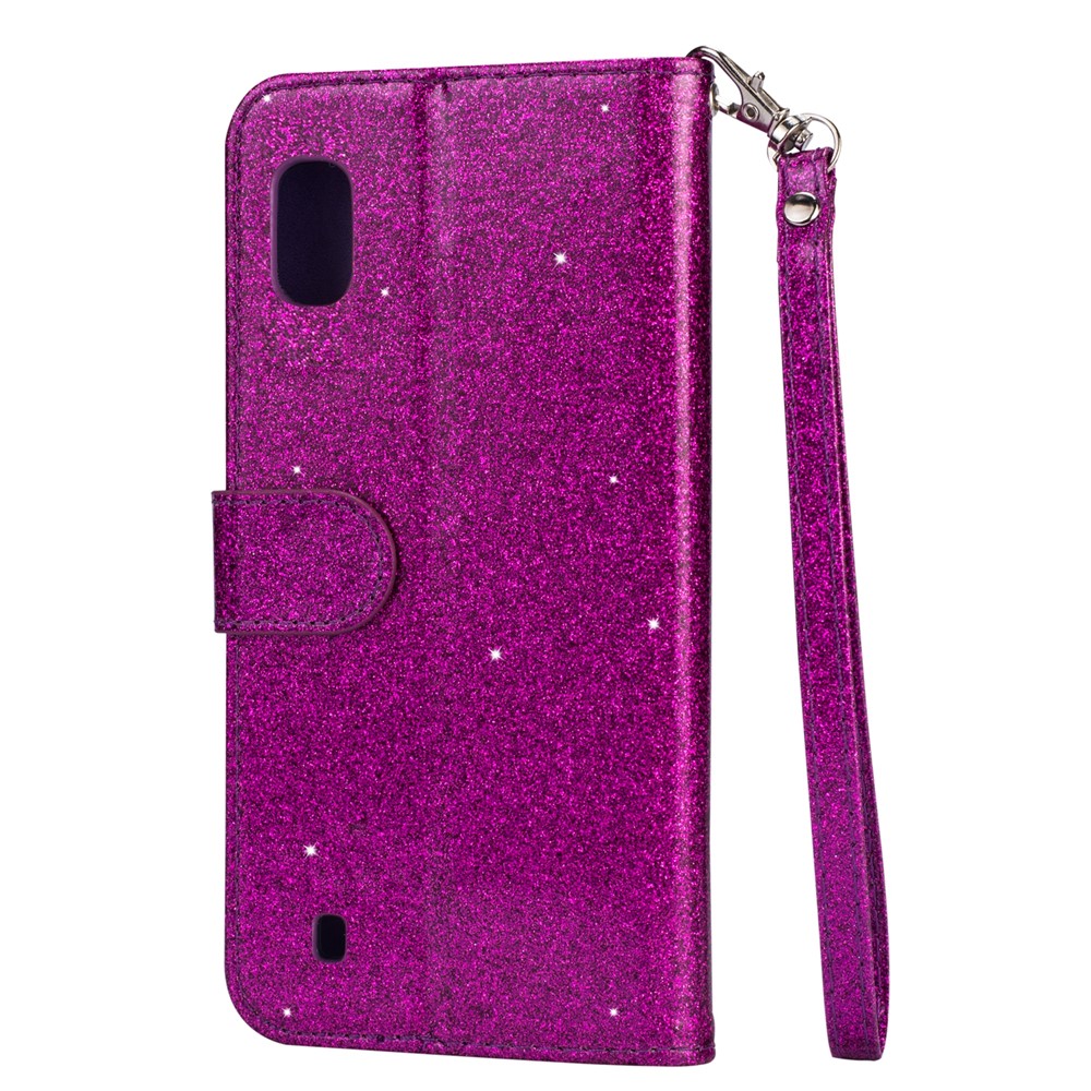 Glitter Powder Zippered Stand Leather Wallet Case with Strap for Samsung Galaxy A10 - Purple-6