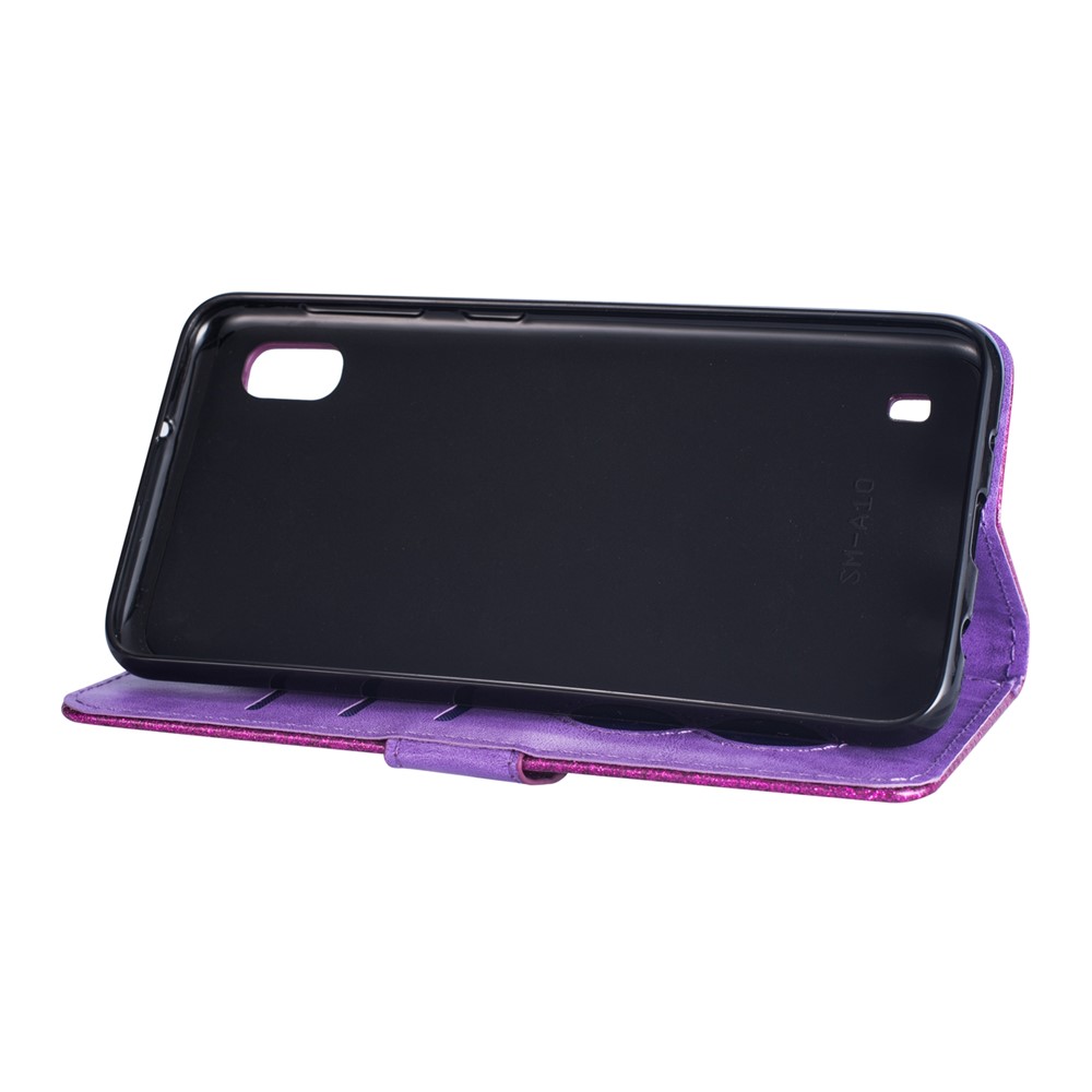Glitter Powder Zippered Stand Leather Wallet Case with Strap for Samsung Galaxy A10 - Purple-7
