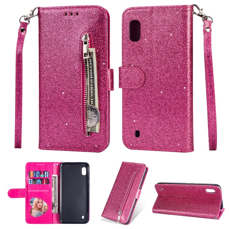 Glitter Powder Zippered Stand Leather Wallet Case with Strap for Samsung Galaxy A10 - Rose-1