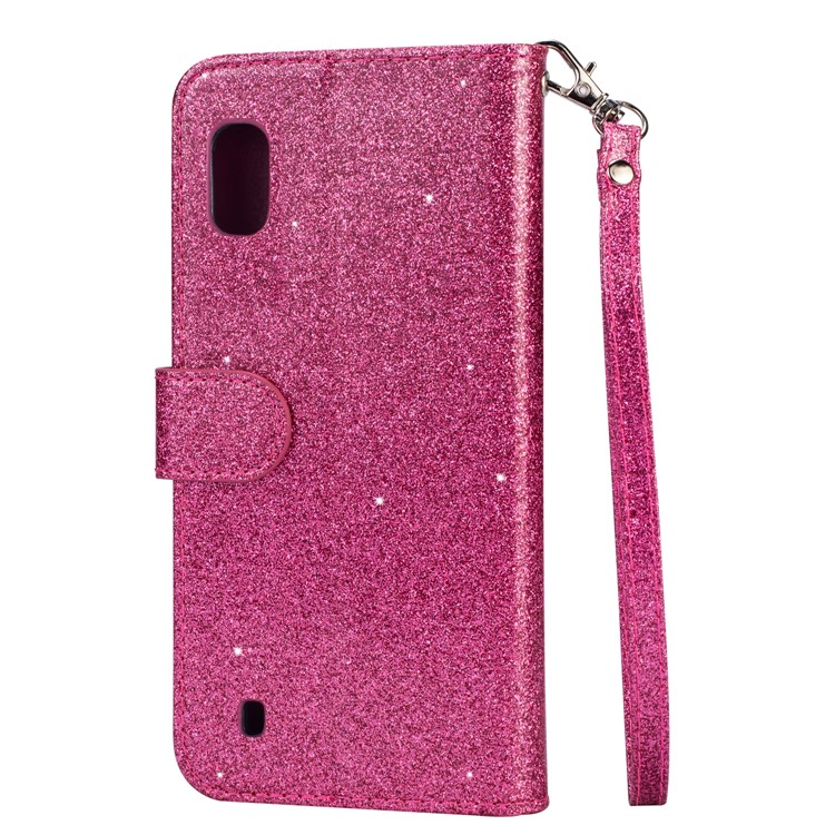 Glitter Powder Zippered Stand Leather Wallet Case with Strap for Samsung Galaxy A10 - Rose-6