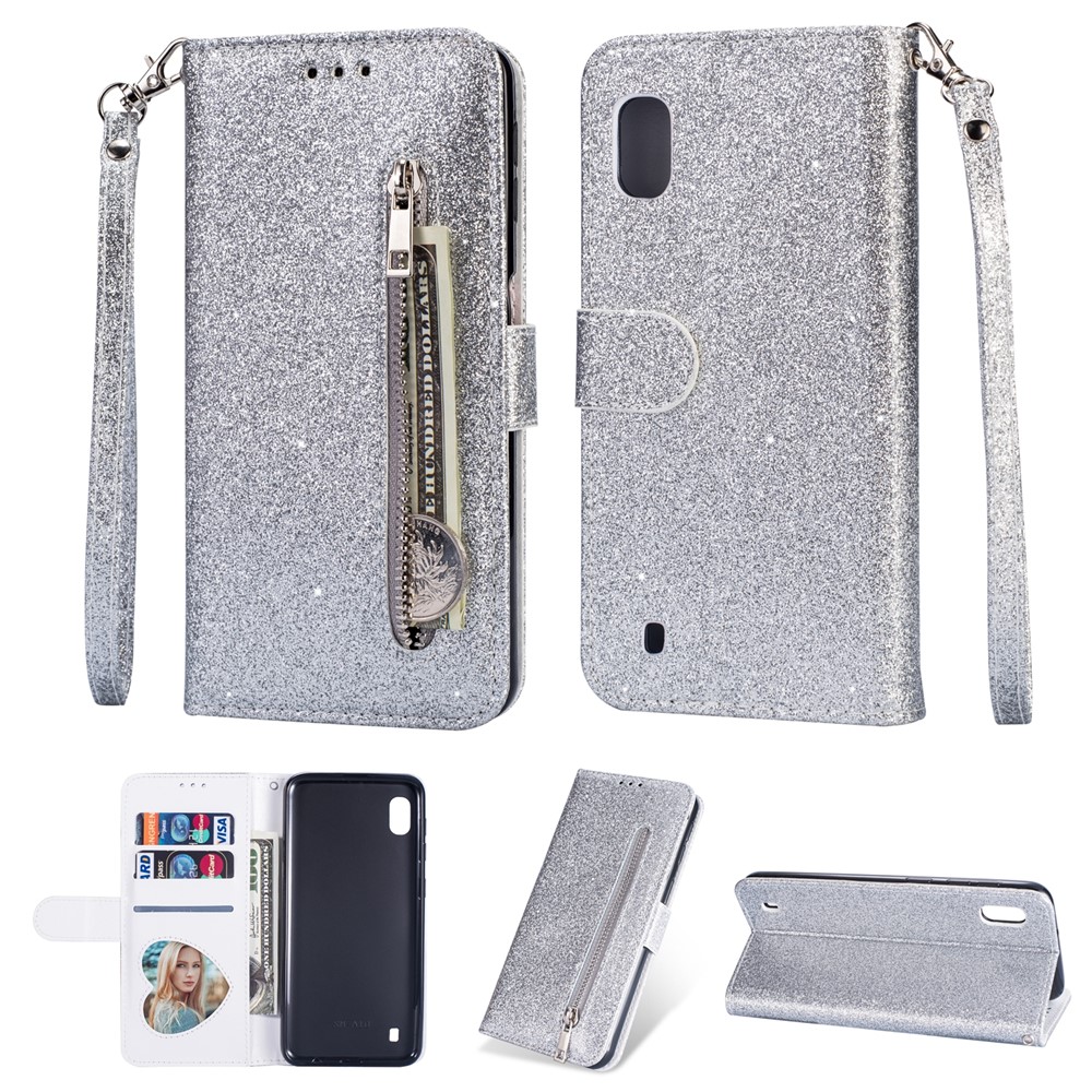 Glitter Powder Zippered Stand Leather Wallet Case with Strap for Samsung Galaxy A10 - Silver-1