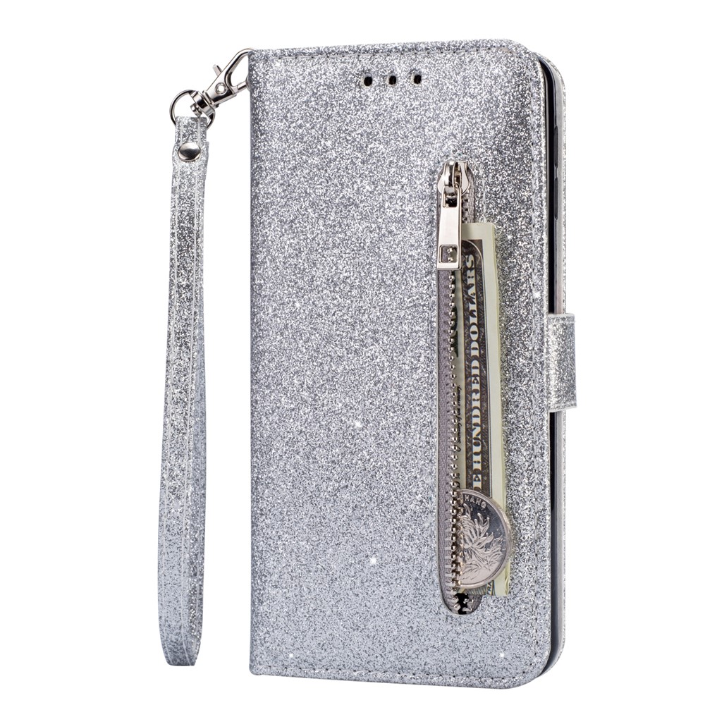 Glitter Powder Zippered Stand Leather Wallet Case with Strap for Samsung Galaxy A10 - Silver-2