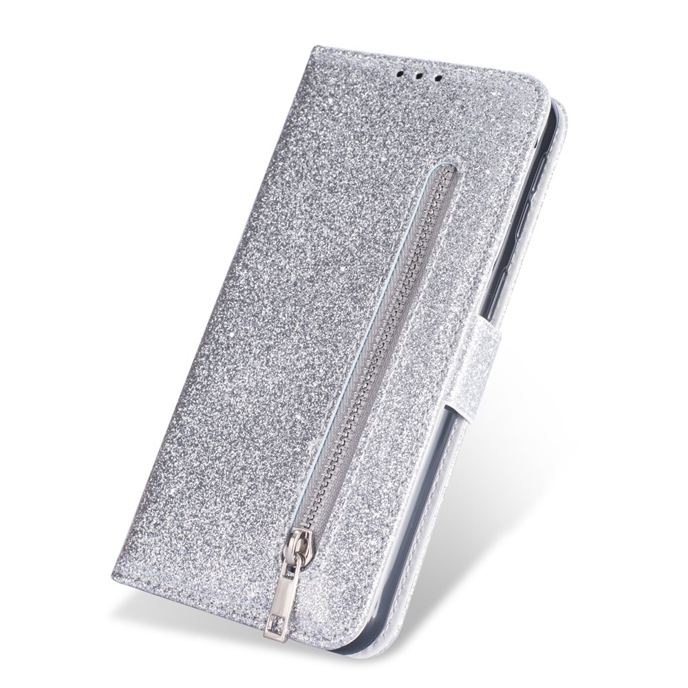 Glitter Powder Zippered Stand Leather Wallet Case with Strap for Samsung Galaxy A10 - Silver-3