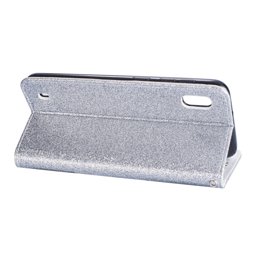 Glitter Powder Zippered Stand Leather Wallet Case with Strap for Samsung Galaxy A10 - Silver-4