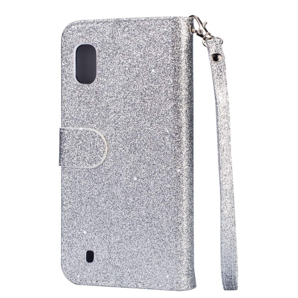 Glitter Powder Zippered Stand Leather Wallet Case with Strap for Samsung Galaxy A10 - Silver-6