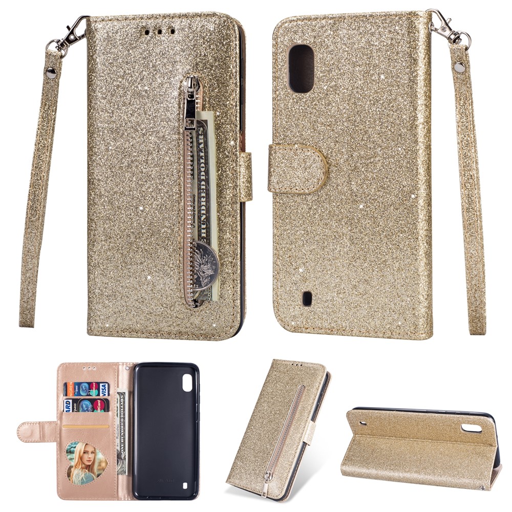 Glitter Powder Zippered Stand Leather Wallet Case with Strap for Samsung Galaxy A10 - Gold-1
