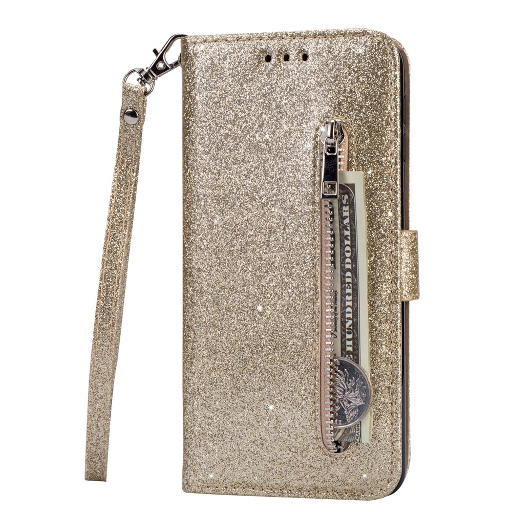 Glitter Powder Zippered Stand Leather Wallet Case with Strap for Samsung Galaxy A10 - Gold-2