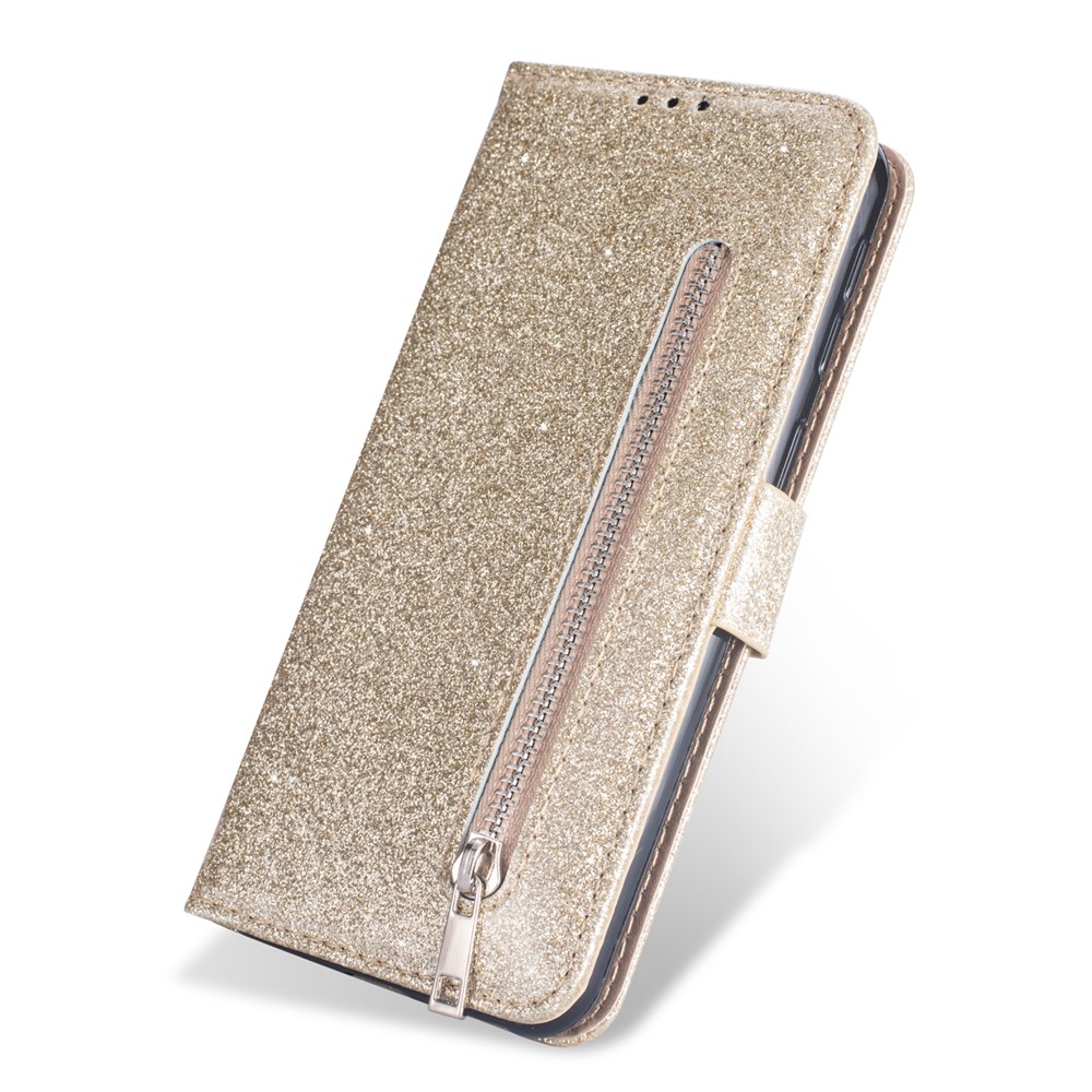 Glitter Powder Zippered Stand Leather Wallet Case with Strap for Samsung Galaxy A10 - Gold-3