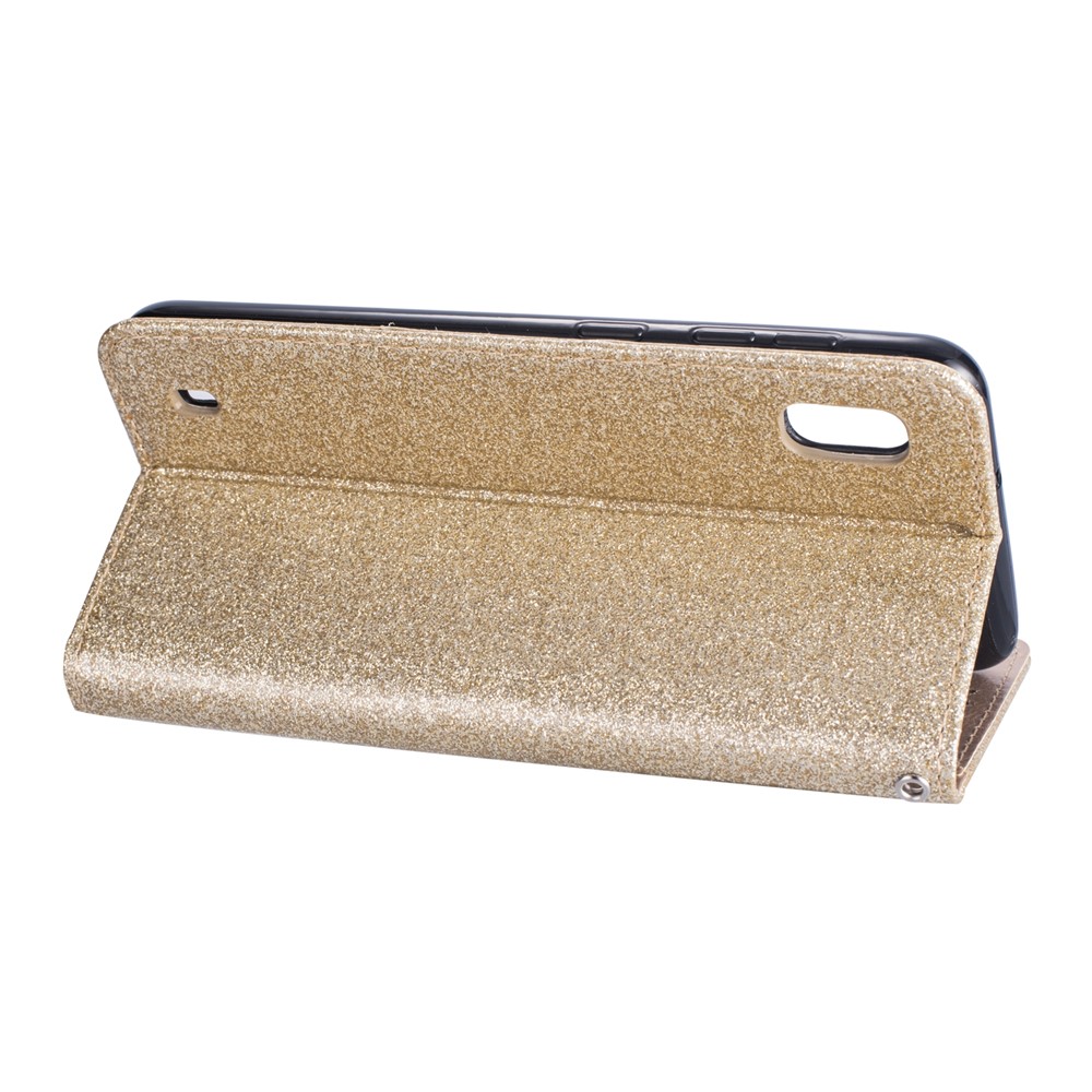 Glitter Powder Zippered Stand Leather Wallet Case with Strap for Samsung Galaxy A10 - Gold-4