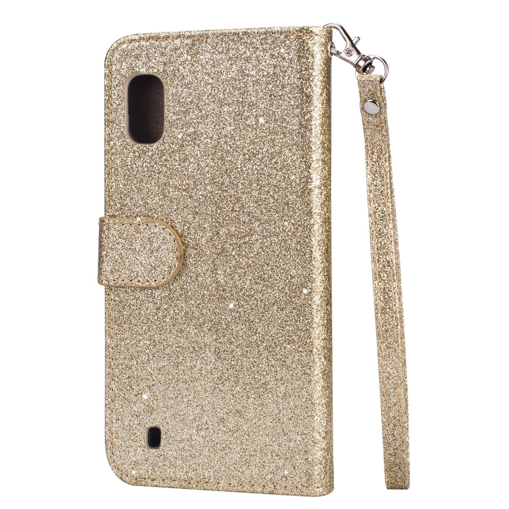 Glitter Powder Zippered Stand Leather Wallet Case with Strap for Samsung Galaxy A10 - Gold-5