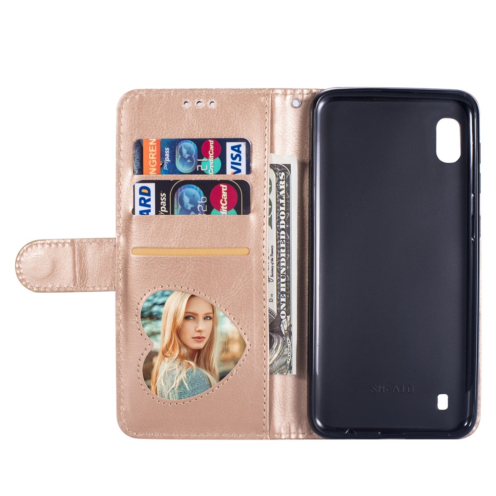 Glitter Powder Zippered Stand Leather Wallet Case with Strap for Samsung Galaxy A10 - Gold-6