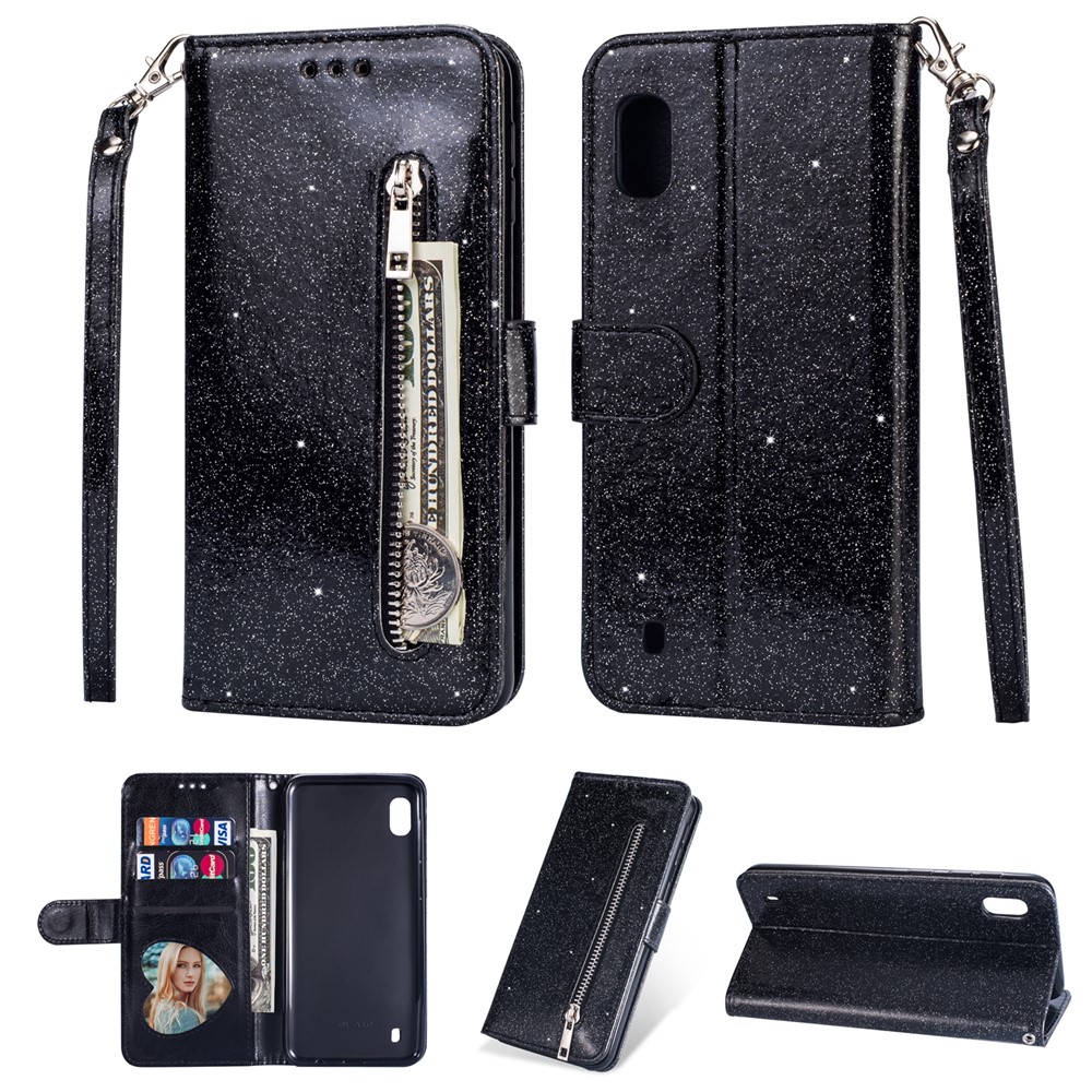 Glitter Powder Zippered Stand Leather Wallet Case with Strap for Samsung Galaxy A10 - Black-1
