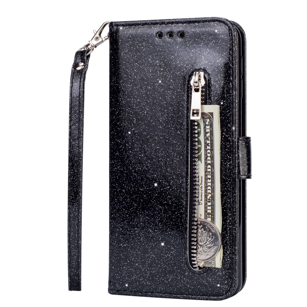 Glitter Powder Zippered Stand Leather Wallet Case with Strap for Samsung Galaxy A10 - Black-2
