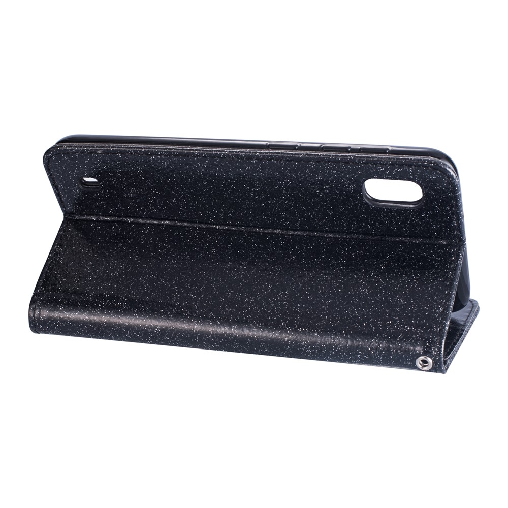Glitter Powder Zippered Stand Leather Wallet Case with Strap for Samsung Galaxy A10 - Black-4