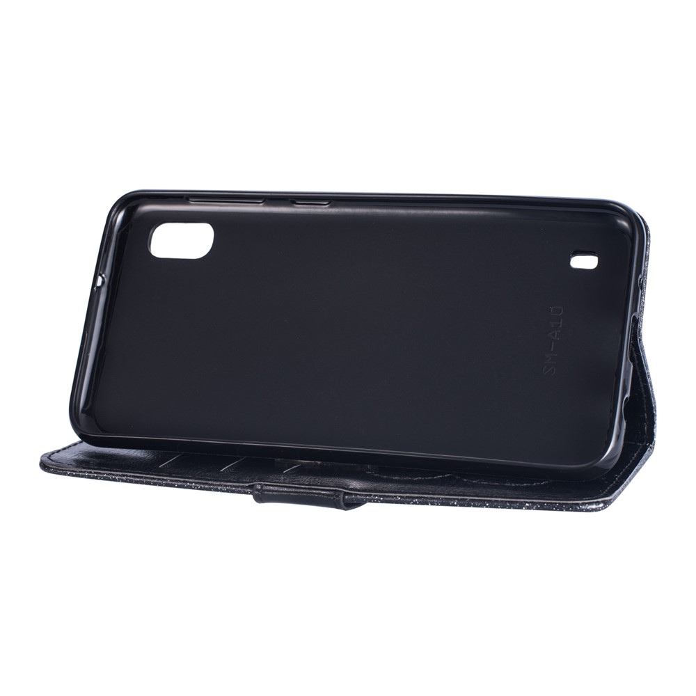 Glitter Powder Zippered Stand Leather Wallet Case with Strap for Samsung Galaxy A10 - Black-5