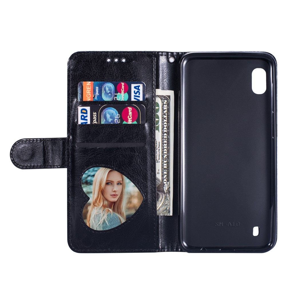 Glitter Powder Zippered Stand Leather Wallet Case with Strap for Samsung Galaxy A10 - Black-6
