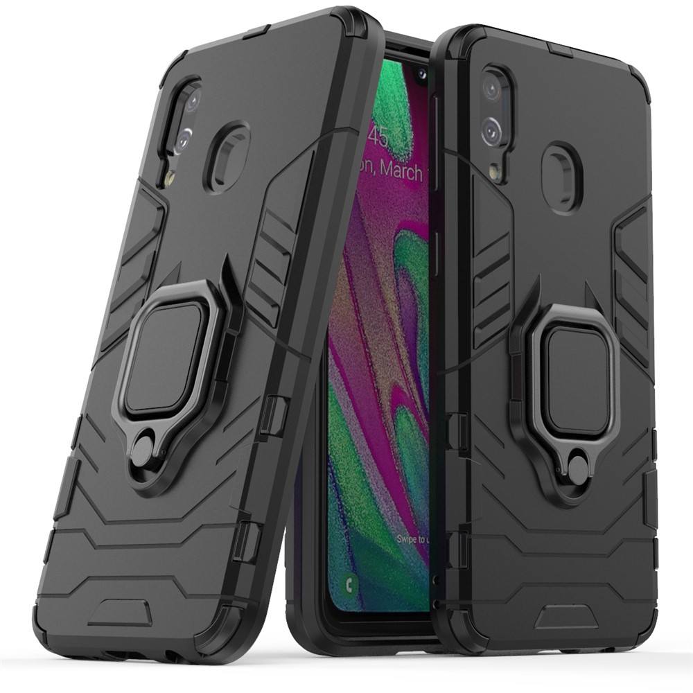 Cool Guard Ring Holder Kickstand PC TPU Hybrid Case for Samsung Galaxy A40 - Black-1