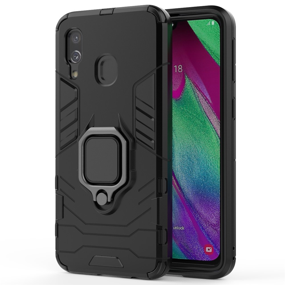 Cool Guard Ring Holder Kickstand PC TPU Hybrid Case for Samsung Galaxy A40 - Black-2