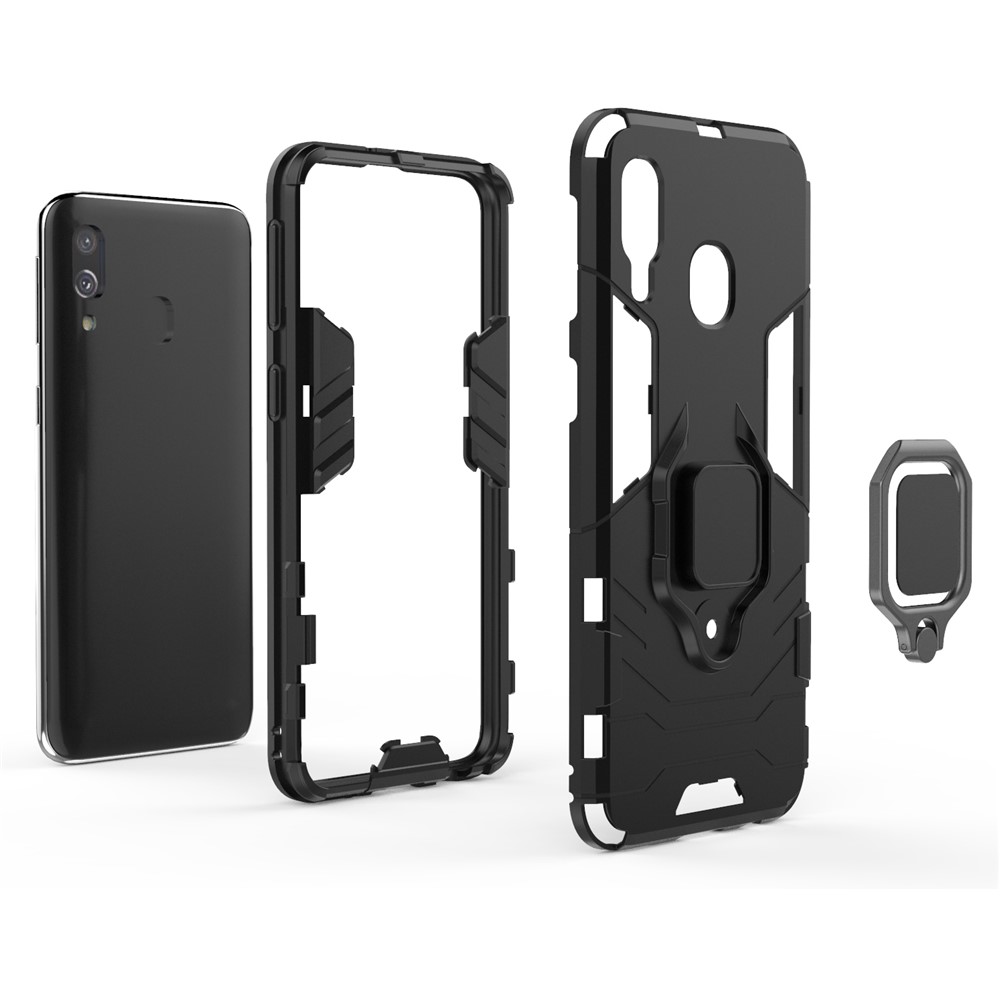 Cool Guard Ring Holder Kickstand PC TPU Hybrid Case for Samsung Galaxy A40 - Black-4