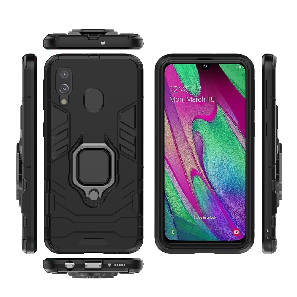 Cool Guard Ring Holder Kickstand PC TPU Hybrid Case for Samsung Galaxy A40 - Black-7