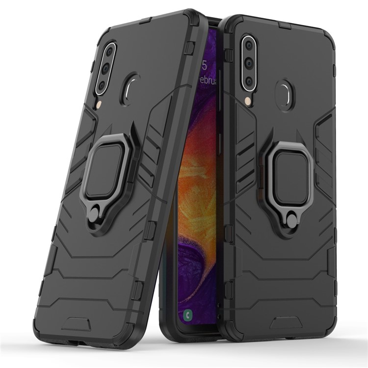 Cool Guard Ring Holder Kickstand PC TPU Hybrid Case for Samsung Galaxy A60 - Black-1