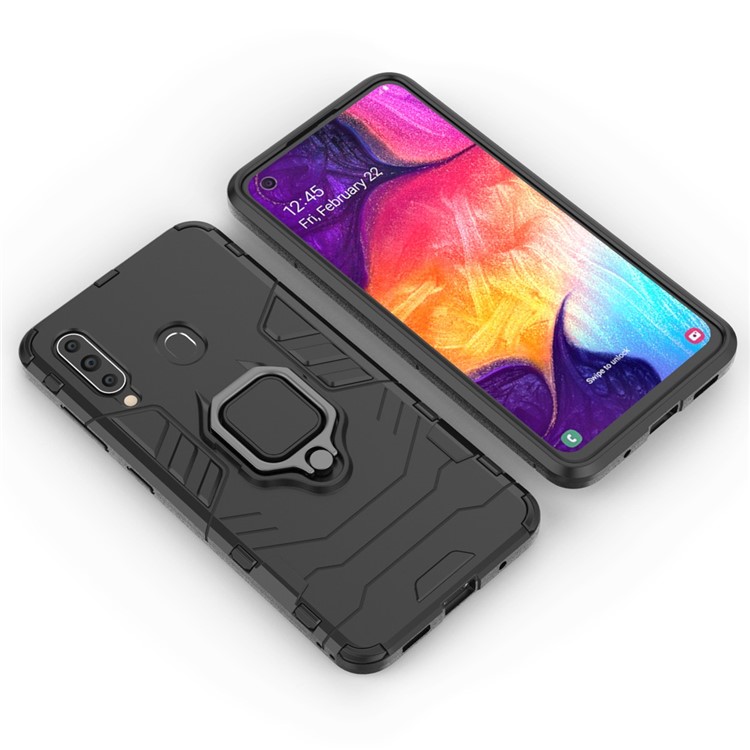 Cool Guard Ring Holder Kickstand PC TPU Hybrid Case for Samsung Galaxy A60 - Black-2