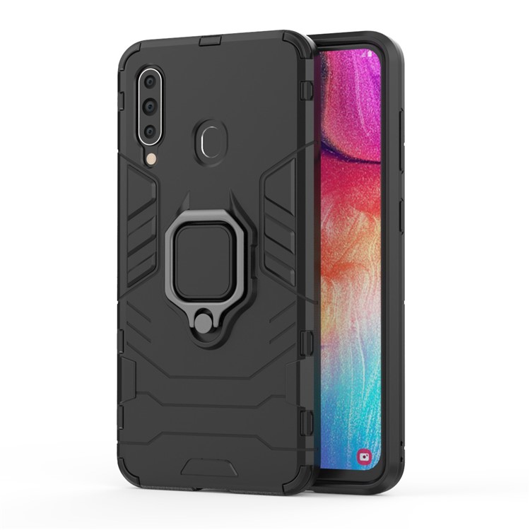 Cool Guard Ring Holder Kickstand PC TPU Hybrid Case for Samsung Galaxy A60 - Black-3