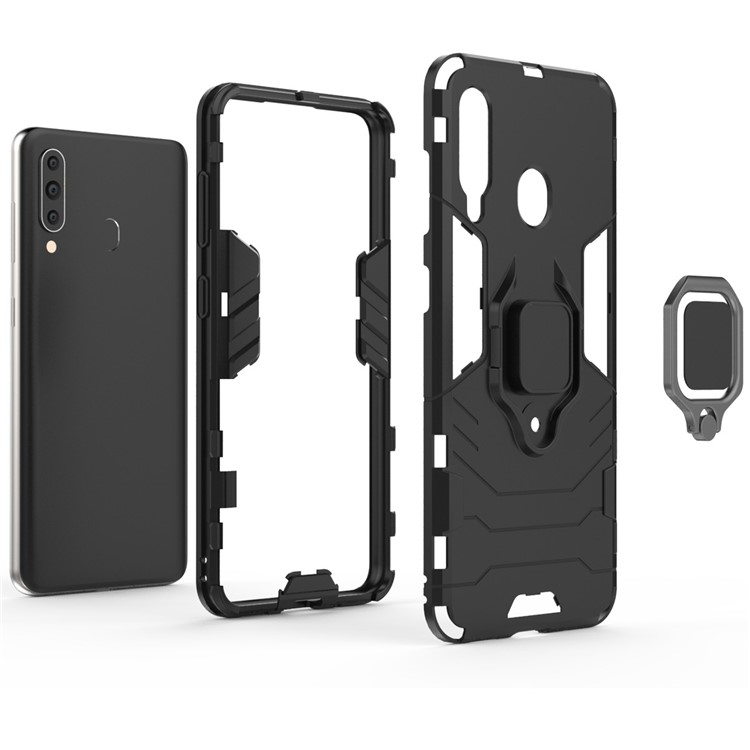 Cool Guard Ring Holder Kickstand PC TPU Hybrid Case for Samsung Galaxy A60 - Black-6
