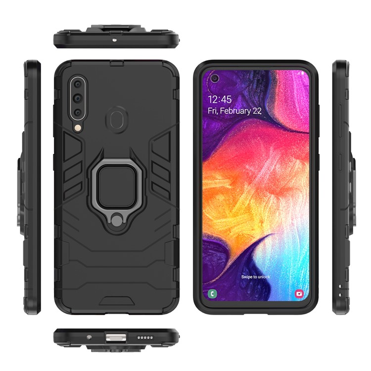 Cool Guard Ring Holder Kickstand PC TPU Hybrid Case for Samsung Galaxy A60 - Black-7