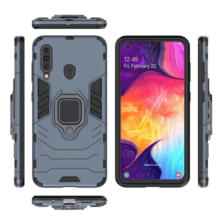 Cool Guard Ring Holder Kickstand PC TPU Hybrid Case for Samsung Galaxy A60 - Blue-4