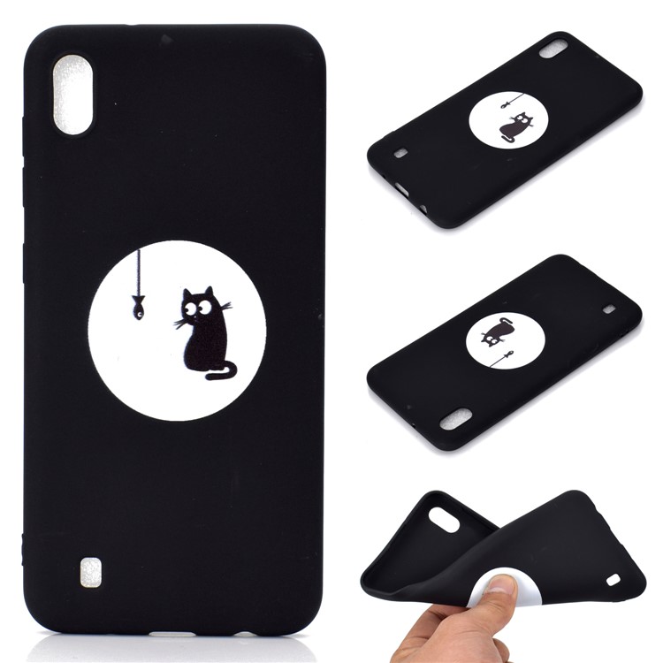 Matte Pattern Printing TPU Soft Mobile Cover for Samsung Galaxy A10 - Cat and Fish-1