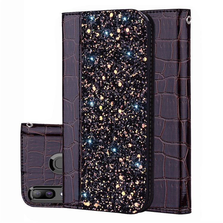 Crocodile Texture Glittery Sequins Splicing PU Leather Auto-absorbed Case for Samsung Galaxy A30/Samsung Galaxy A20 - Black-1