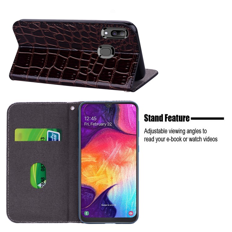 Crocodile Texture Glittery Sequins Splicing PU Leather Auto-absorbed Case for Samsung Galaxy A30/Samsung Galaxy A20 - Black-12