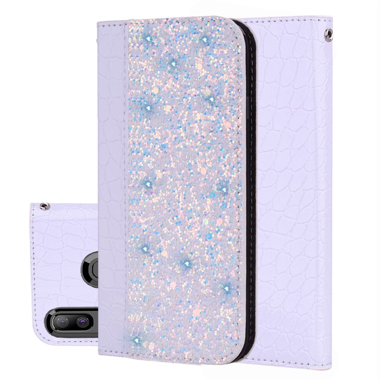 Crocodile Texture Glittery Sequins Splicing PU Leather Auto-absorbed Case for Samsung Galaxy A30/Samsung Galaxy A20 - White-1