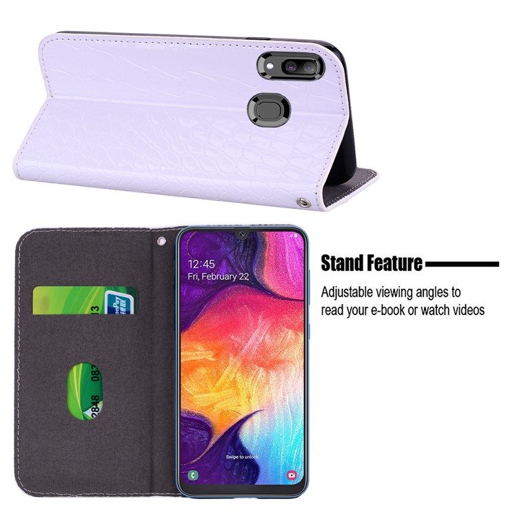 Crocodile Texture Glittery Sequins Splicing PU Leather Auto-absorbed Case for Samsung Galaxy A30/Samsung Galaxy A20 - White-12