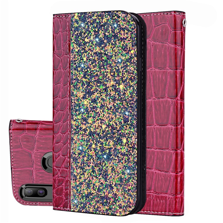 Crocodile Texture Glittery Sequins Splicing PU Leather Auto-absorbed Case for Samsung Galaxy A30/Samsung Galaxy A20 - Red-1