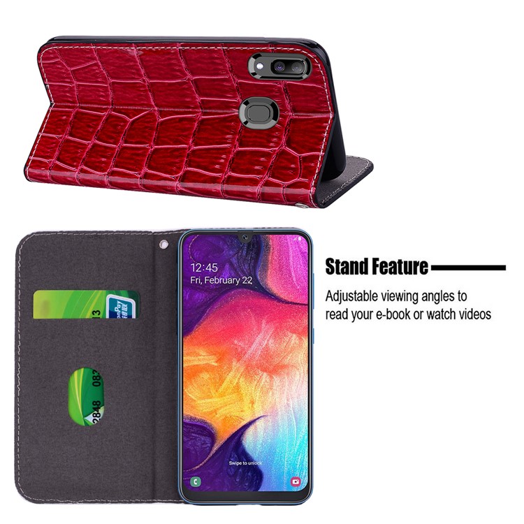 Crocodile Texture Glittery Sequins Splicing PU Leather Auto-absorbed Case for Samsung Galaxy A30/Samsung Galaxy A20 - Red-12