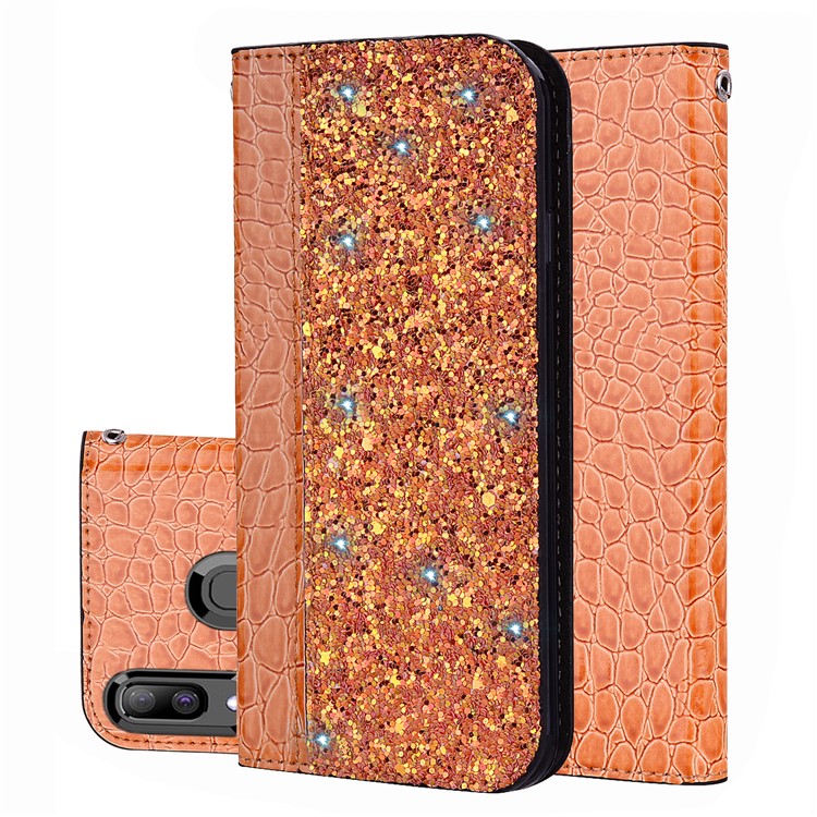 Crocodile Texture Glittery Sequins Splicing PU Leather Auto-absorbed Case for Samsung Galaxy A30/Samsung Galaxy A20 - Orange-1