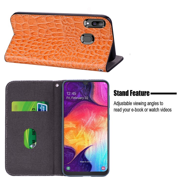 Crocodile Texture Glittery Sequins Splicing PU Leather Auto-absorbed Case for Samsung Galaxy A30/Samsung Galaxy A20 - Orange-12