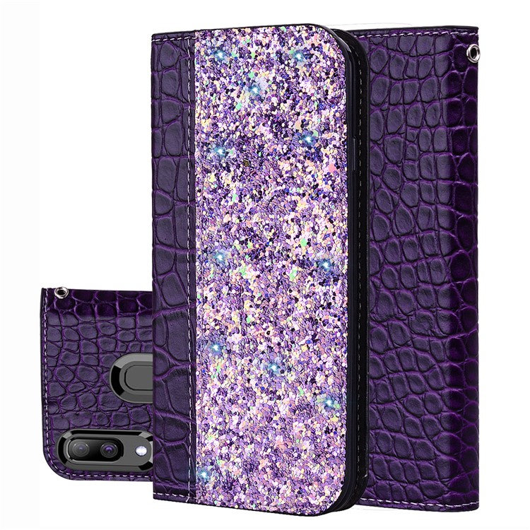 Crocodile Texture Glittery Sequins Splicing PU Leather Auto-absorbed Case for Samsung Galaxy A30/Samsung Galaxy A20 - Purple-1