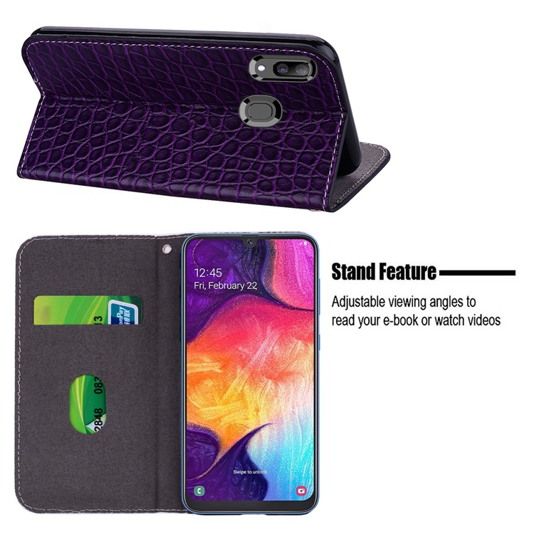 Crocodile Texture Glittery Sequins Splicing PU Leather Auto-absorbed Case for Samsung Galaxy A30/Samsung Galaxy A20 - Purple-12