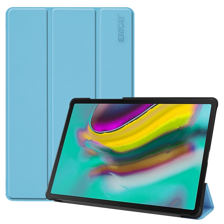 ENKAY Тройная Подставка Из Искусственной Кожи Для Samsung Galaxy Tab S5E T720 / T725 - Нежно Голубые-1