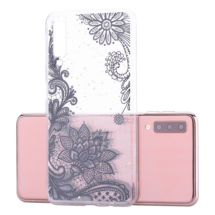 Glitter Sequins Inlaid Patterned TPU Phone Cover for Samsung Galaxy A70 - Black Lace-2