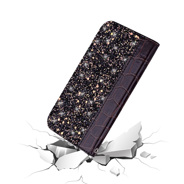 Crocodile Texture Glittery Sequins Splicing Leather Flip Case with Card Slot for Samsung Galaxy M10 - Black-10