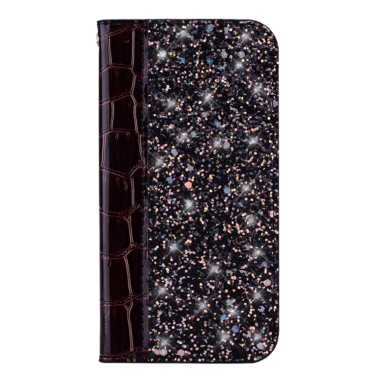 Crocodile Texture Glittery Sequins Splicing Leather Flip Case with Card Slot for Samsung Galaxy M10 - Black-2