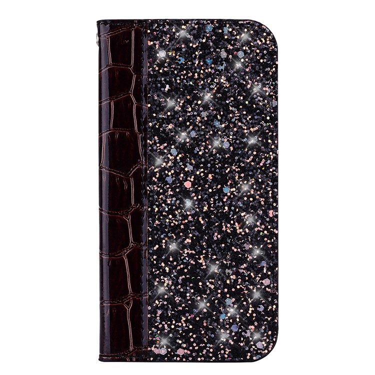 Crocodile Texture Glittery Sequins Splicing Leather Flip Case with Card Slot for Samsung Galaxy M10 - Black-2