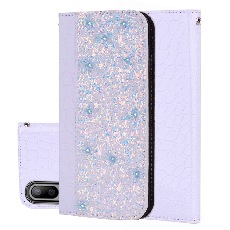 Crocodile Texture Glittery Sequins Splicing Leather Flip Case with Card Slot for Samsung Galaxy M10 - White-1