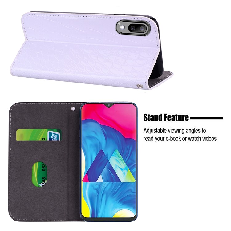 Crocodile Texture Glittery Sequins Splicing Leather Flip Case with Card Slot for Samsung Galaxy M10 - White-12